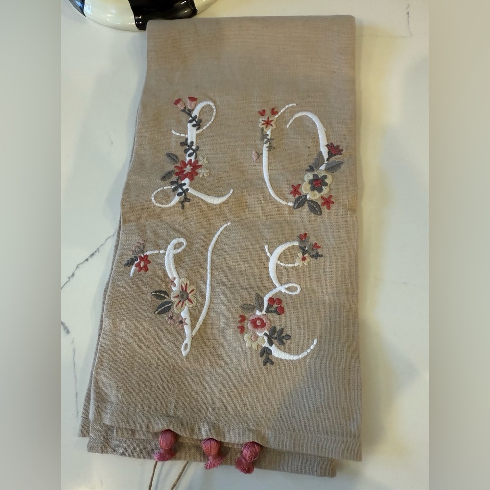 Embroidered Tan dishtowel with Floral Design